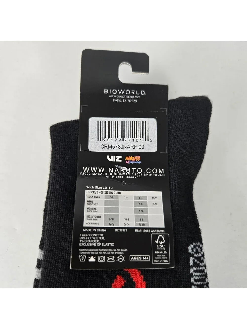 Naruto Shippuden Black Graphic Crew Socks Size 10-13 Polyester Blend